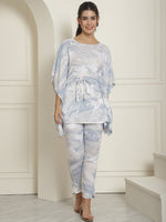 Thumbnail for Indian Needle Women's Light-Blue Tie Dye Printed Rayon Kaftan Tunic With Trousers - Light-Blue - Distacart