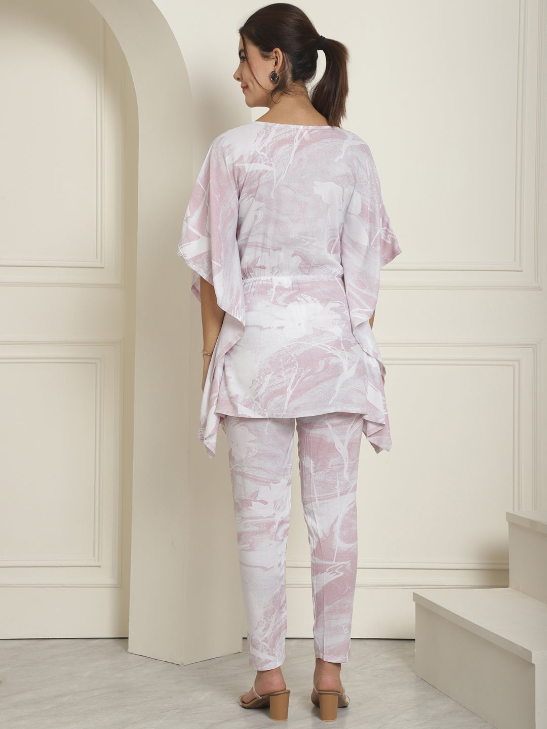 Indian Needle Women's Light-Purple Tie Dye Printed Rayon Kaftan Tunic With Trousers - Light-Purple - Distacart