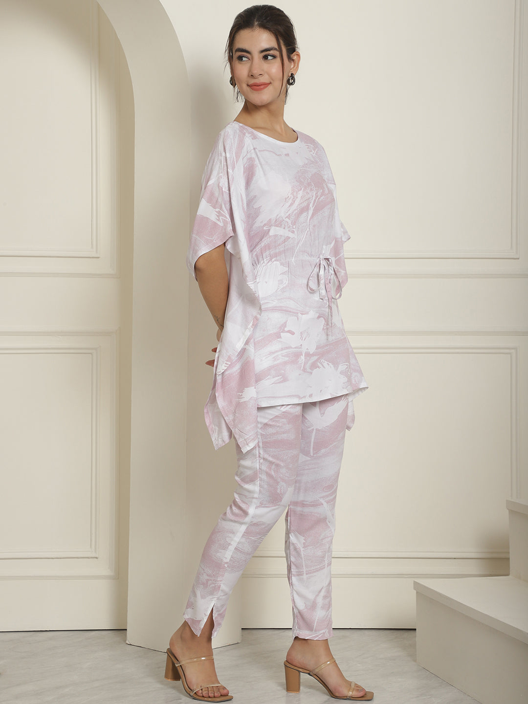Indian Needle Women's Light-Purple Tie Dye Printed Rayon Kaftan Tunic With Trousers - Light-Purple - Distacart