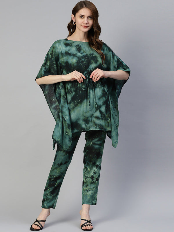 Jainish Women's Olive Green Tie Dye Printed Rayon Kaftan Tunic With Trousers - Distacart