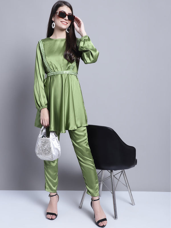 Jainish Women's WoEmbroidered A-line Top and Trouser With Belt - Green - Distacart