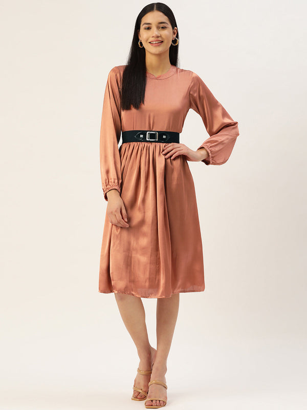 Jainish Women's Peach-Coloured Satin Dress with Belt - Distacart