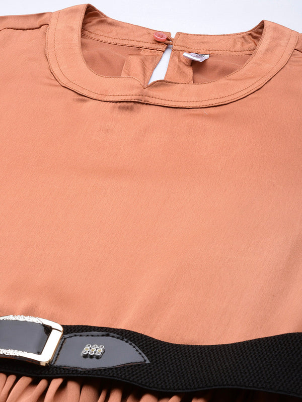 Jainish Women's Peach-Coloured Satin Dress with Belt - Distacart