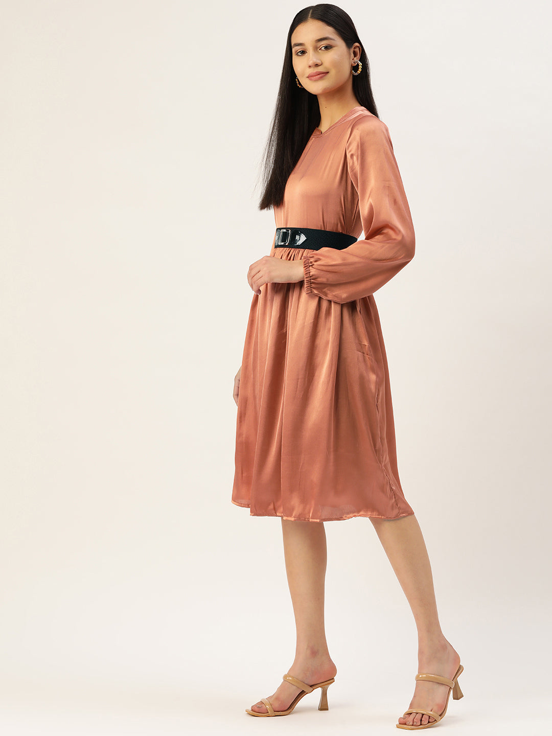 Jainish Women's Peach-Coloured Satin Dress with Belt - Distacart