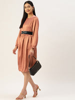 Thumbnail for Jainish Women's Peach-Coloured Satin Dress with Belt - Distacart