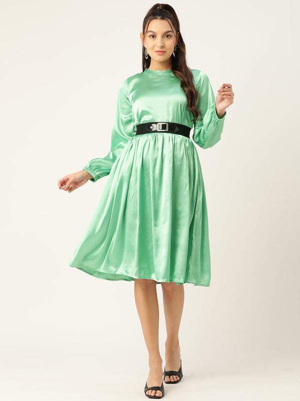 Jainish Women's Green-Coloured Satin Dress with Belt - Distacart