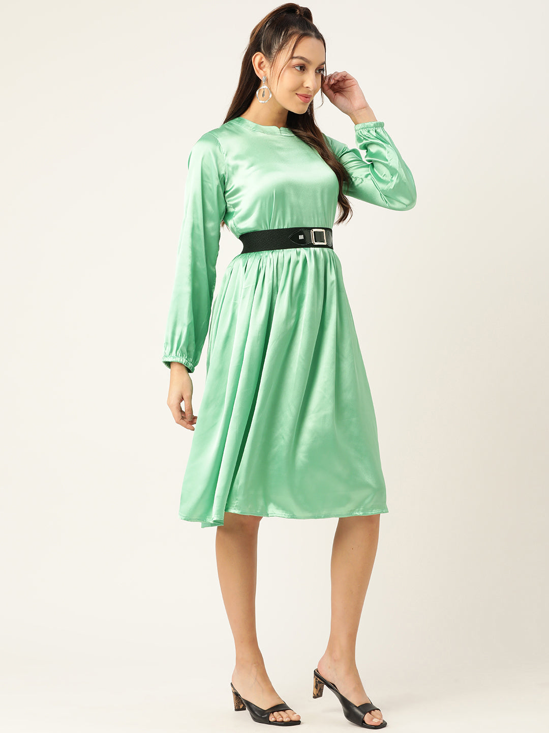 Jainish Women's Green-Coloured Satin Dress with Belt - Distacart