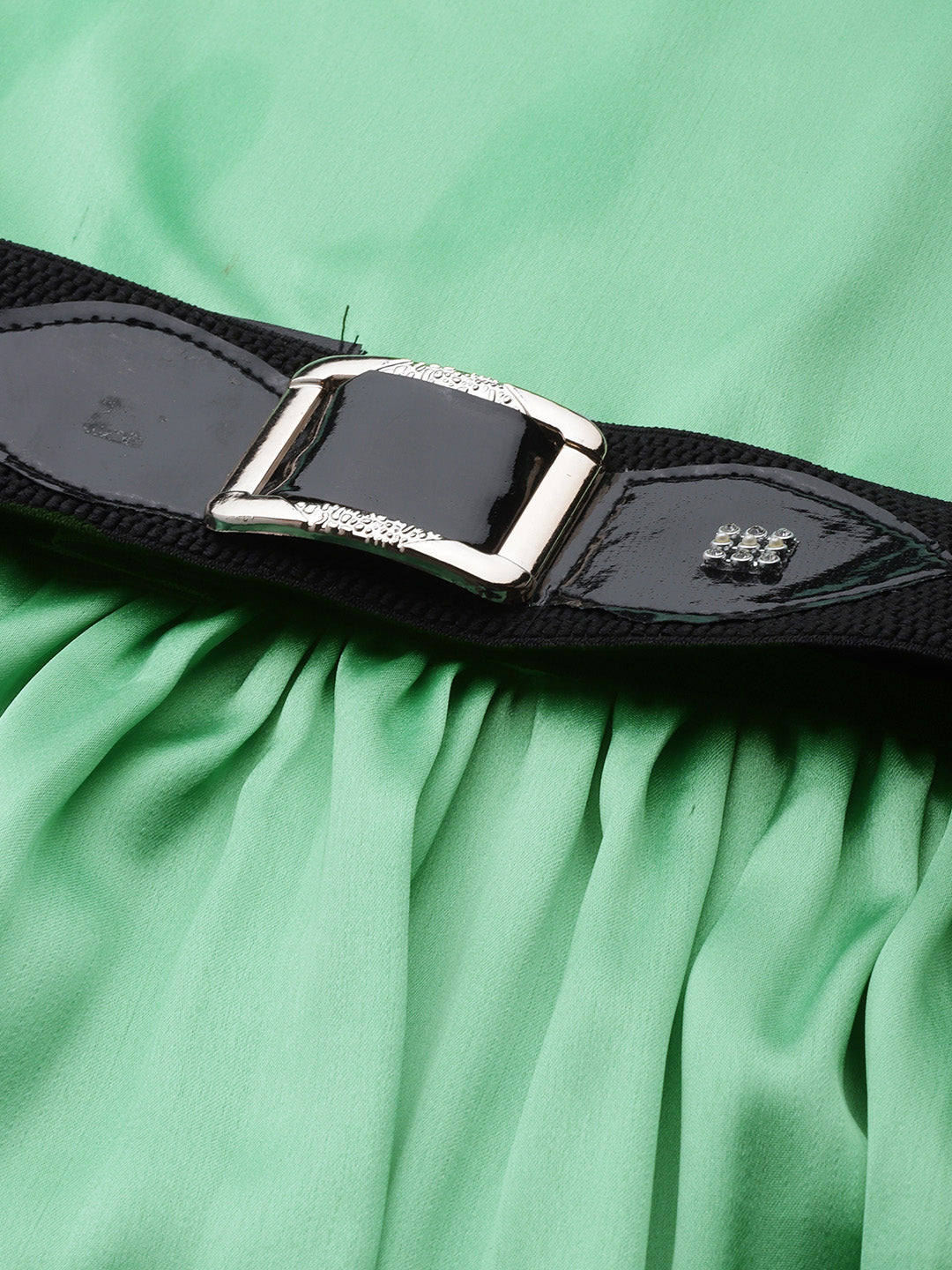 Jainish Women's Green-Coloured Satin Dress with Belt - Distacart