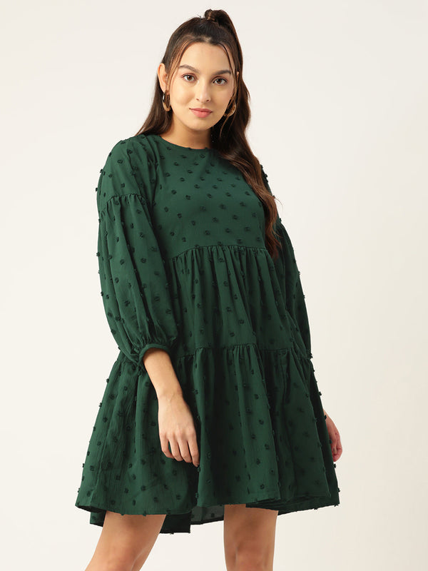Jainish Women's Georgette Puff Sleeves Tiered Dress - Green - Distacart