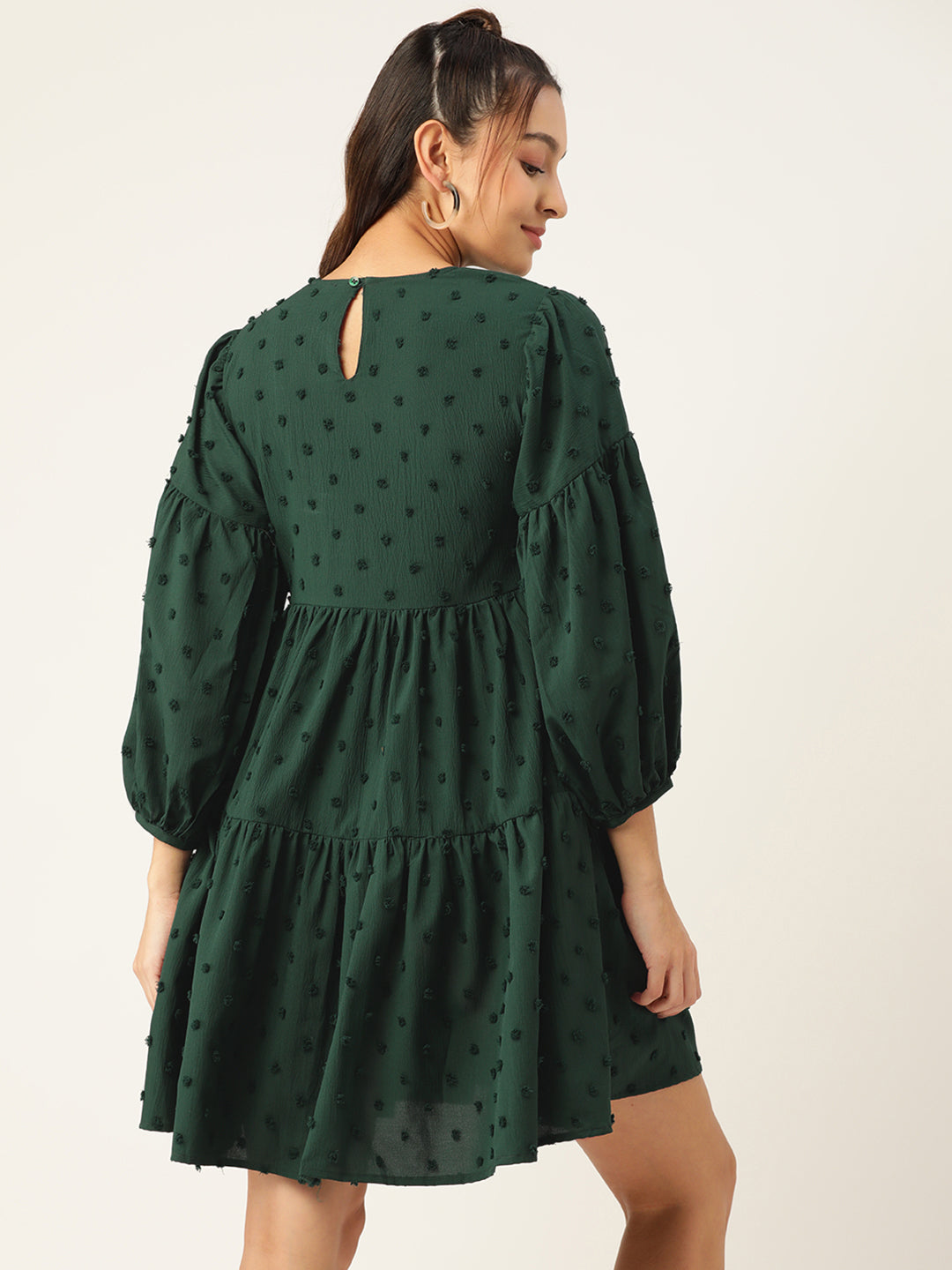 Jainish Women's Georgette Puff Sleeves Tiered Dress - Green - Distacart