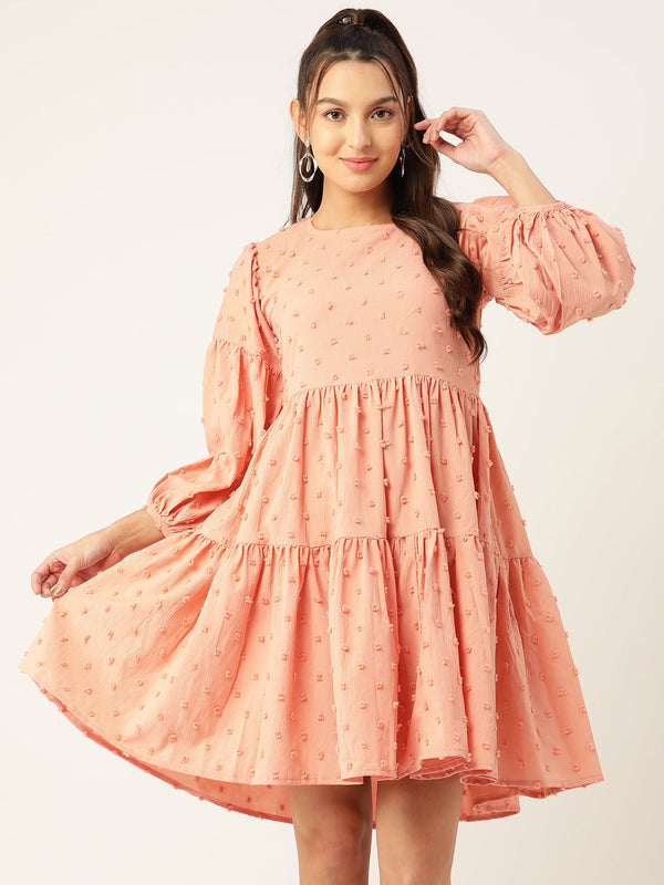Jainish Women's Georgette Puff Sleeves Tiered Dress - Peach - Distacart