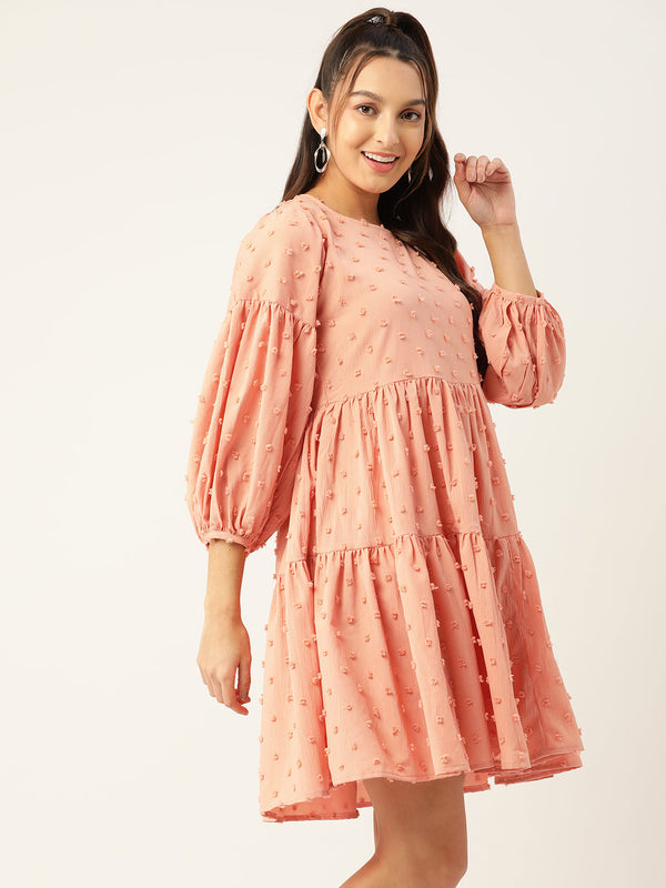 Jainish Women's Georgette Puff Sleeves Tiered Dress - Peach - Distacart