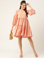Thumbnail for Jainish Women's Georgette Puff Sleeves Tiered Dress - Peach - Distacart