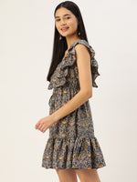 Thumbnail for Jainish Women's Navy Blue & Cream-Coloured Floral Crepe A-Line Dress - Distacart