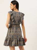 Thumbnail for Jainish Women's Navy Blue & Cream-Coloured Floral Crepe A-Line Dress - Distacart