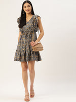 Thumbnail for Jainish Women's Navy Blue & Cream-Coloured Floral Crepe A-Line Dress - Distacart