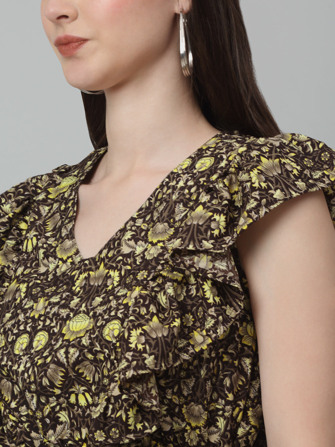 Jainish Women's WoPrinted Tiered Dress with frills - Coffee - Distacart