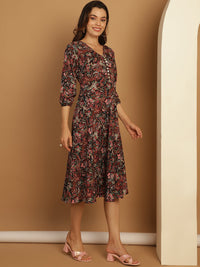Thumbnail for Floral Print Puff Sleeves Crepe Dress Black - Rasiya