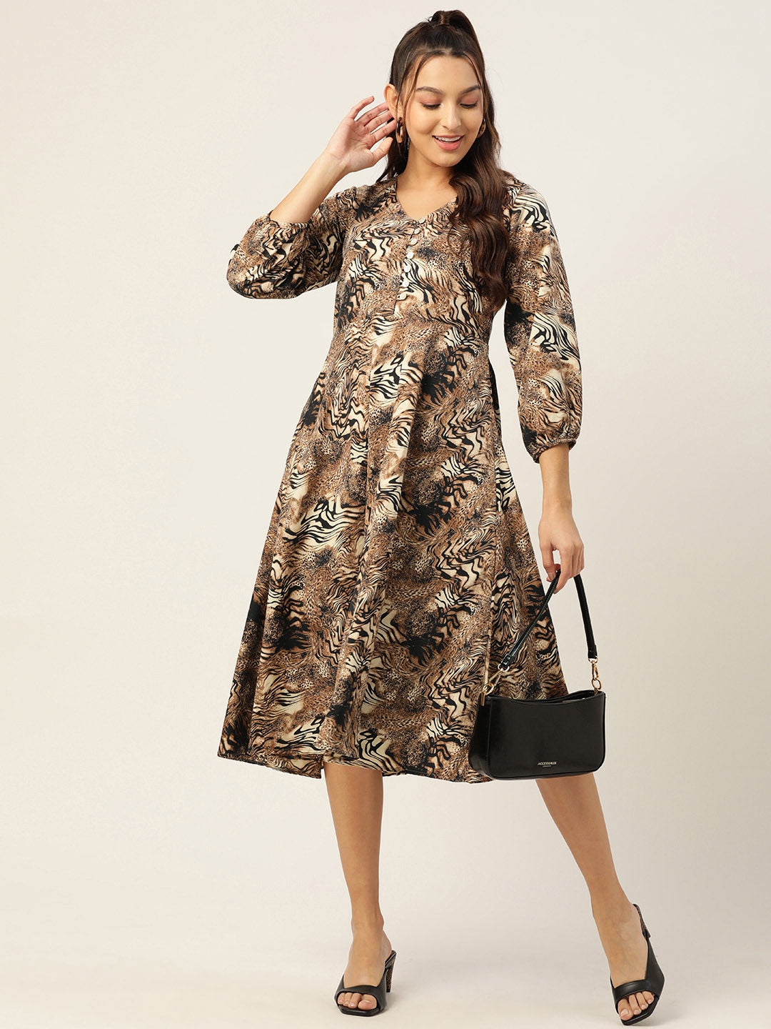 Jainish Women's Animal Print Puff Sleeves Crepe Midi Dress - Distacart