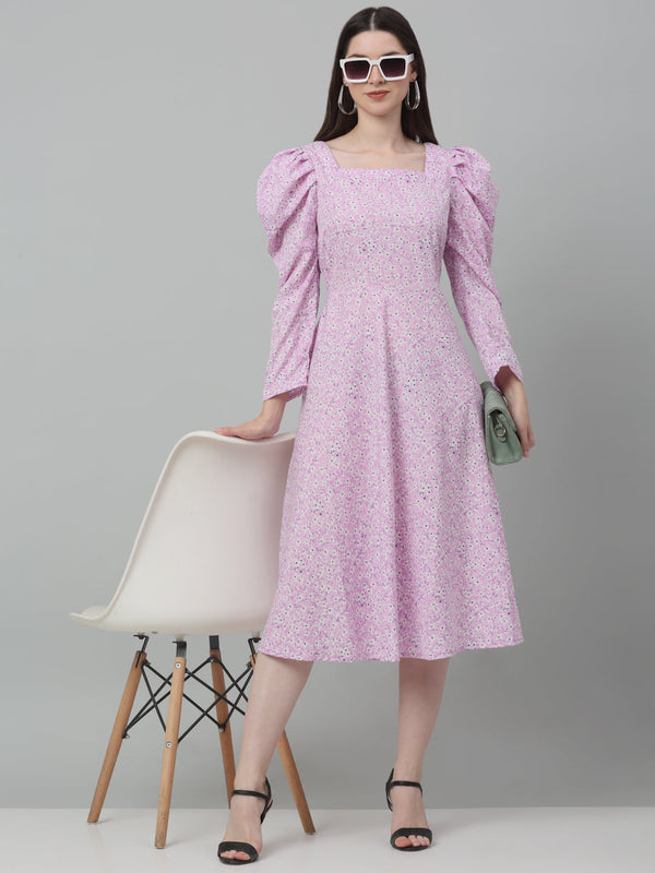 Jainish Women's WoFloral Print Square Neck Puff Sleeved flared Dress - Light-Purple - Distacart