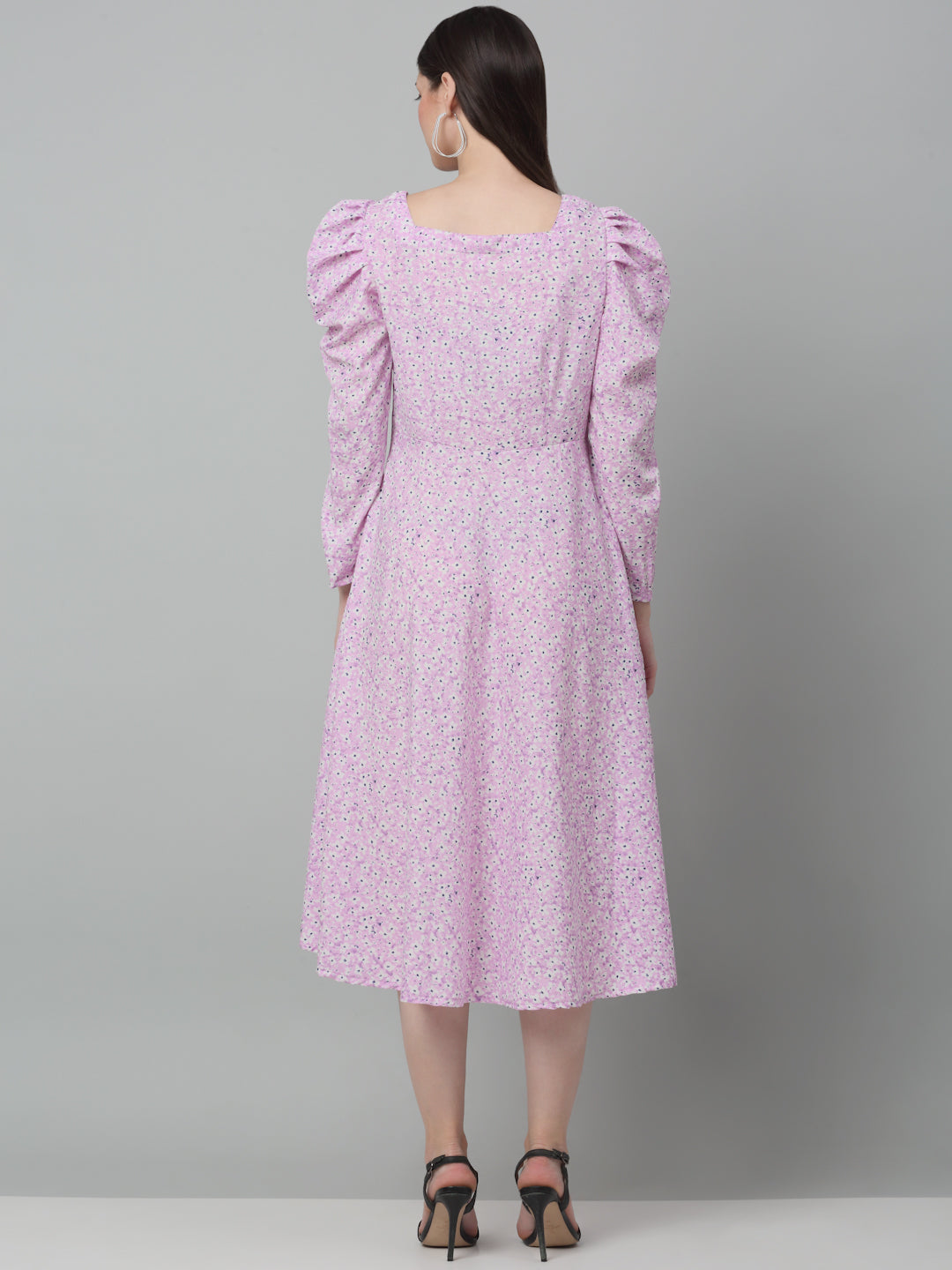 Jainish Women's WoFloral Print Square Neck Puff Sleeved flared Dress - Light-Purple - Distacart