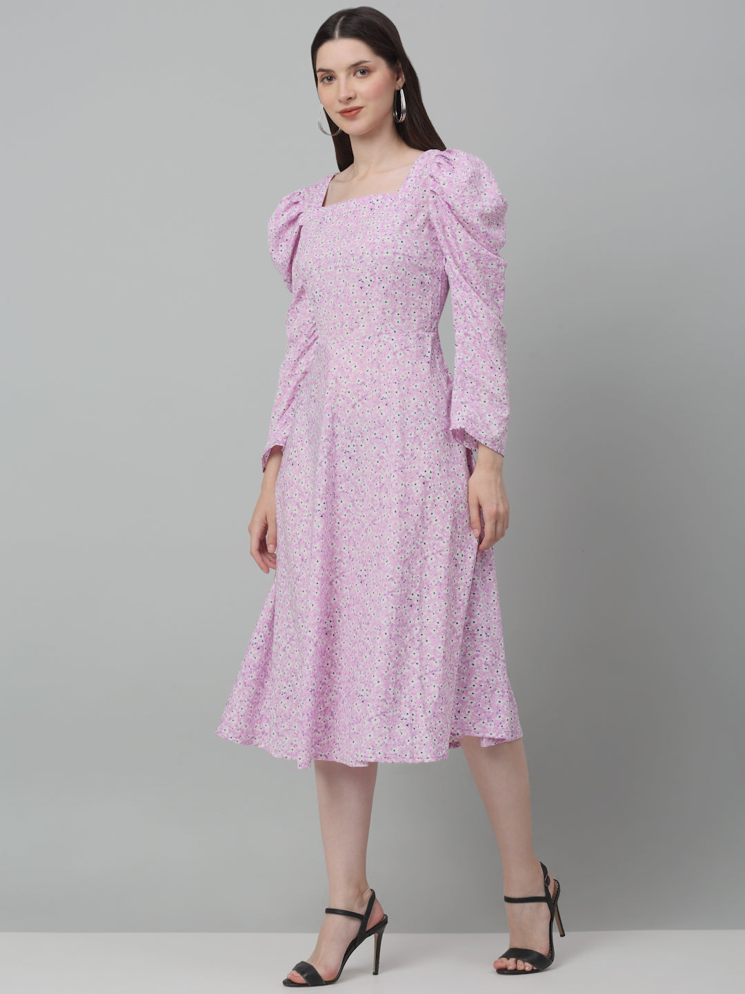 Jainish Women's WoFloral Print Square Neck Puff Sleeved flared Dress - Light-Purple - Distacart