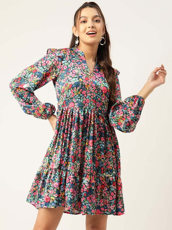 Jainish Women's Blue & Pink Floral Printed Puff Sleeves Tiered Satin Dress - Distacart