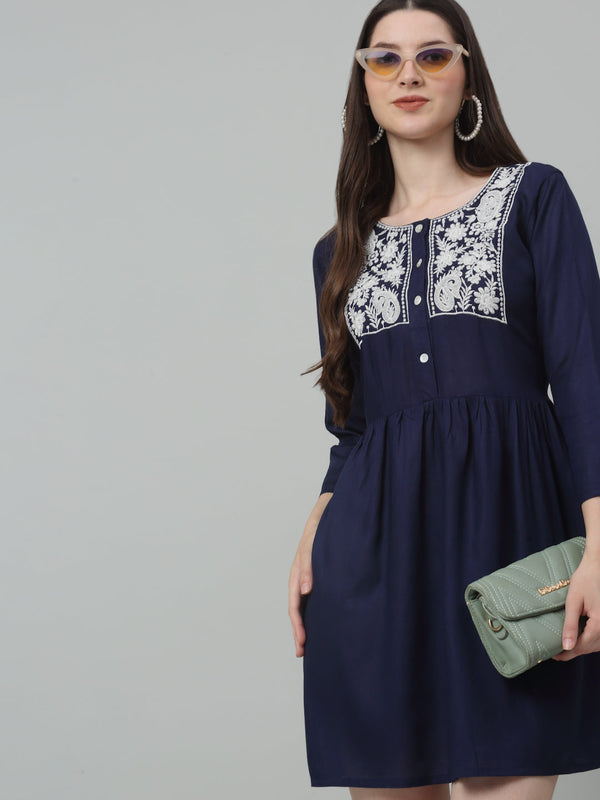 Jainish Women's WoEmbroidered A-line Dress - Navy Blue - Distacart