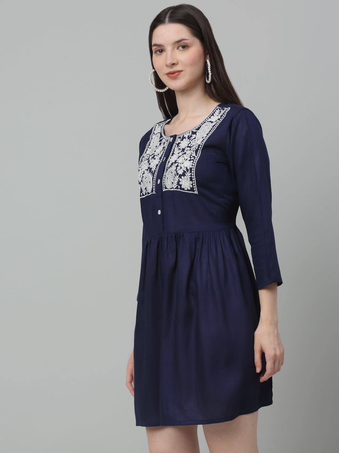 Jainish Women's WoEmbroidered A-line Dress - Navy Blue - Distacart