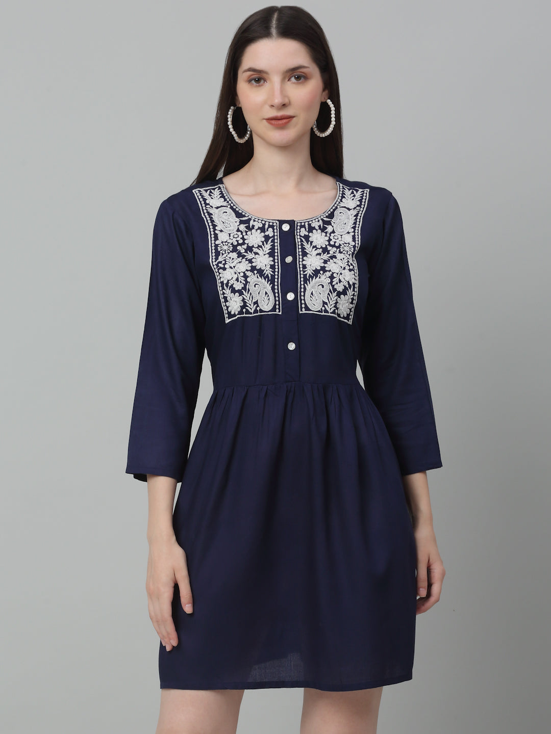 Jainish Women's WoEmbroidered A-line Dress - Navy Blue - Distacart