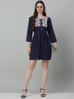 Thumbnail for Jainish Women's WoEmbroidered A-line Dress - Navy Blue - Distacart