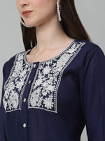 Thumbnail for Jainish Women's WoEmbroidered A-line Dress - Navy Blue - Distacart