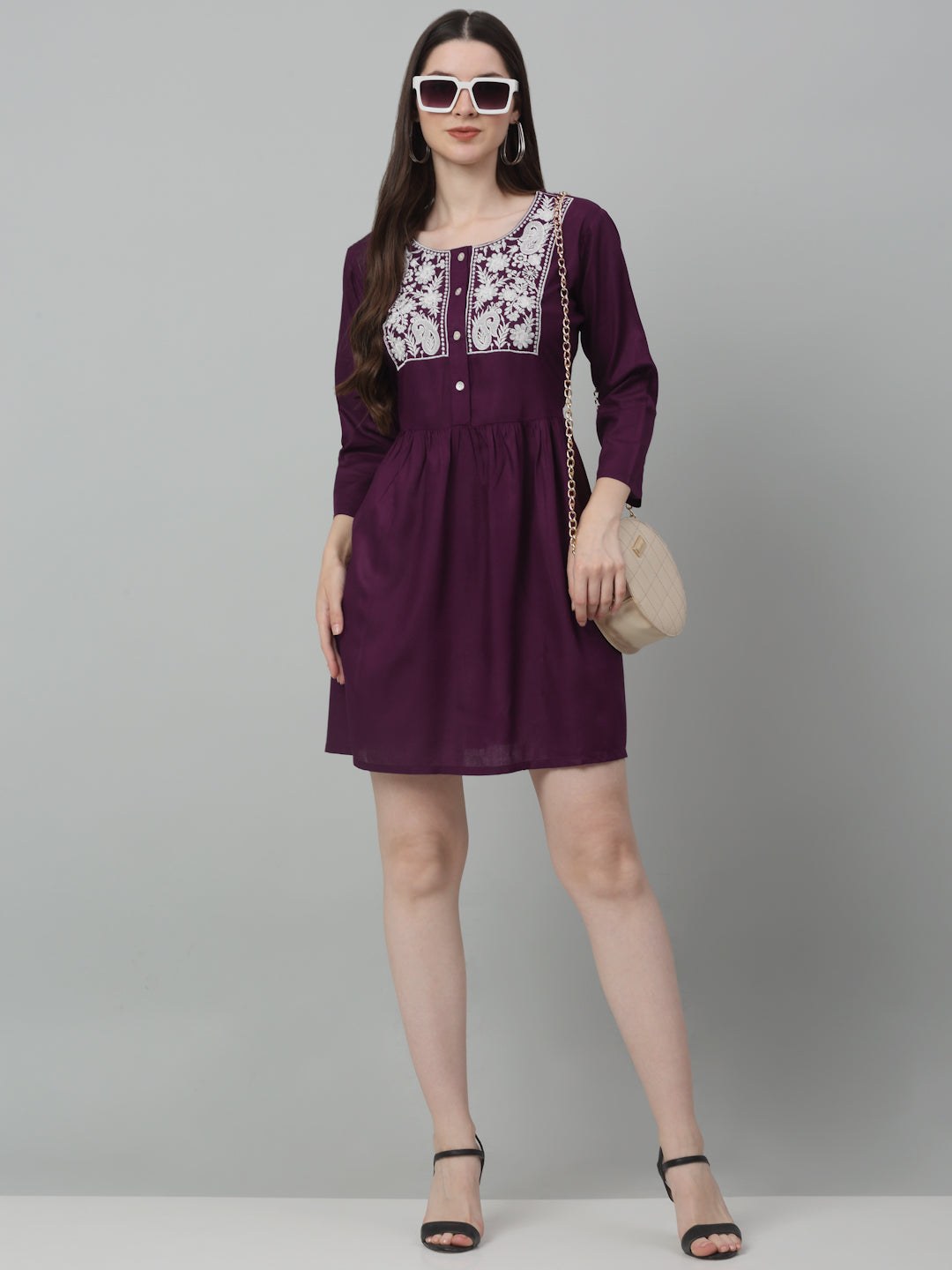 Jainish Women's WoEmbroidered A-line Dress - Purple - Distacart