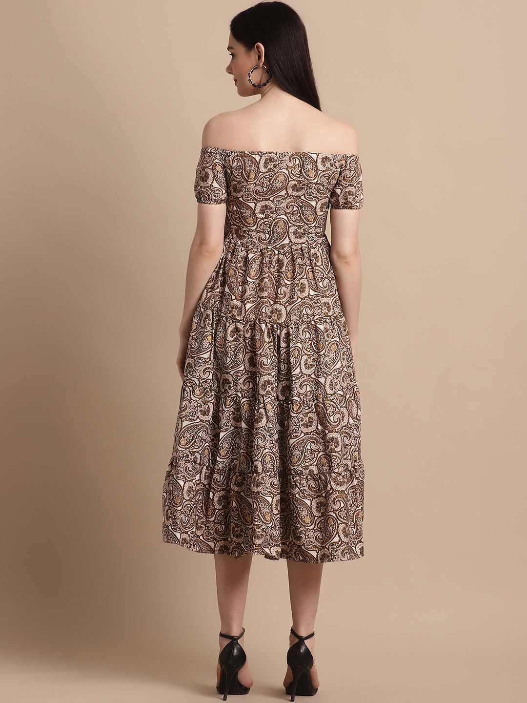 Jainish Women's WoBrown Printed off-Shoulder Dress - Distacart