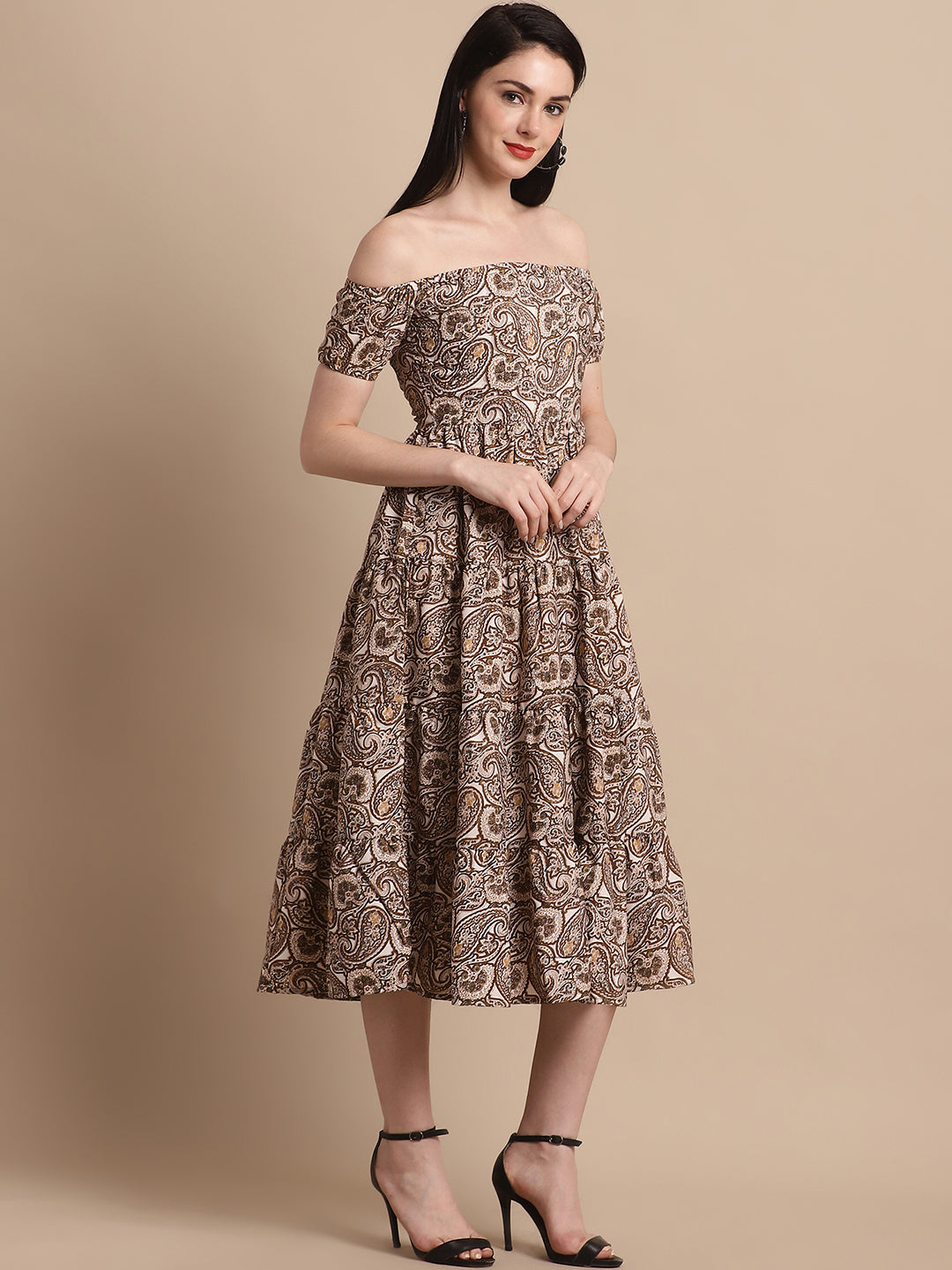 Jainish Women's WoBrown Printed off-Shoulder Dress - Distacart