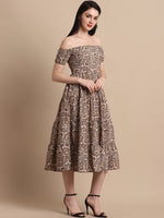 Thumbnail for Jainish Women's WoBrown Printed off-Shoulder Dress - Distacart