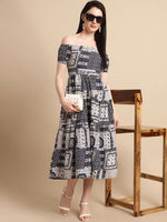 Thumbnail for Jainish Women's WoNavy Blue Printed off-Shoulder Dress - Distacart
