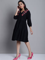 Thumbnail for Jainish Women's WoBlack Floral Embroidered A-line Dress - Distacart