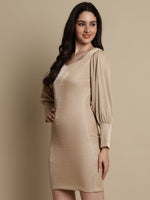 Thumbnail for Jainish Women's Shimmer Puff Sleeves bodycon dress - Beige - Distacart