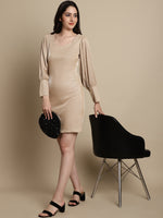 Thumbnail for Jainish Women's Shimmer Puff Sleeves bodycon dress - Beige - Distacart