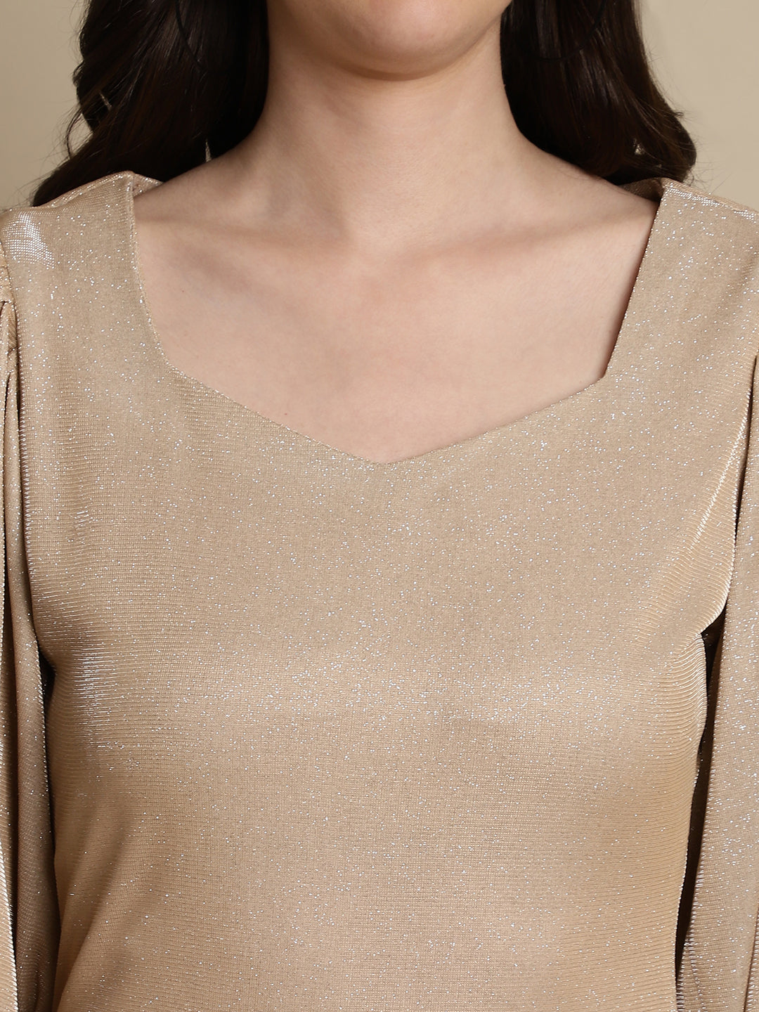 Jainish Women's Shimmer Puff Sleeves bodycon dress - Beige - Distacart