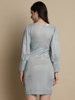 Thumbnail for Jainish Women's Shimmer Puff Sleeves bodycon dress - Blue - Distacart