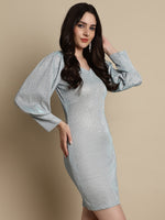 Thumbnail for Jainish Women's Shimmer Puff Sleeves bodycon dress - Blue - Distacart