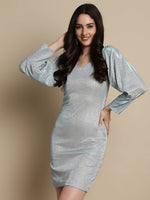 Thumbnail for Jainish Women's Shimmer Puff Sleeves bodycon dress - Blue - Distacart