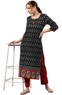 Thumbnail for Janasya Black Cotton Ikat Straight kurta