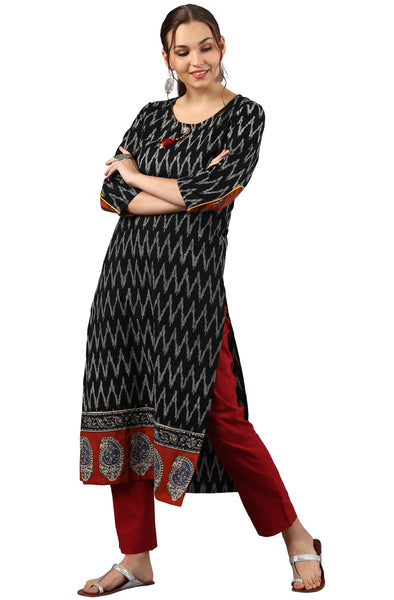 Janasya Black Cotton Ikat Straight kurta
