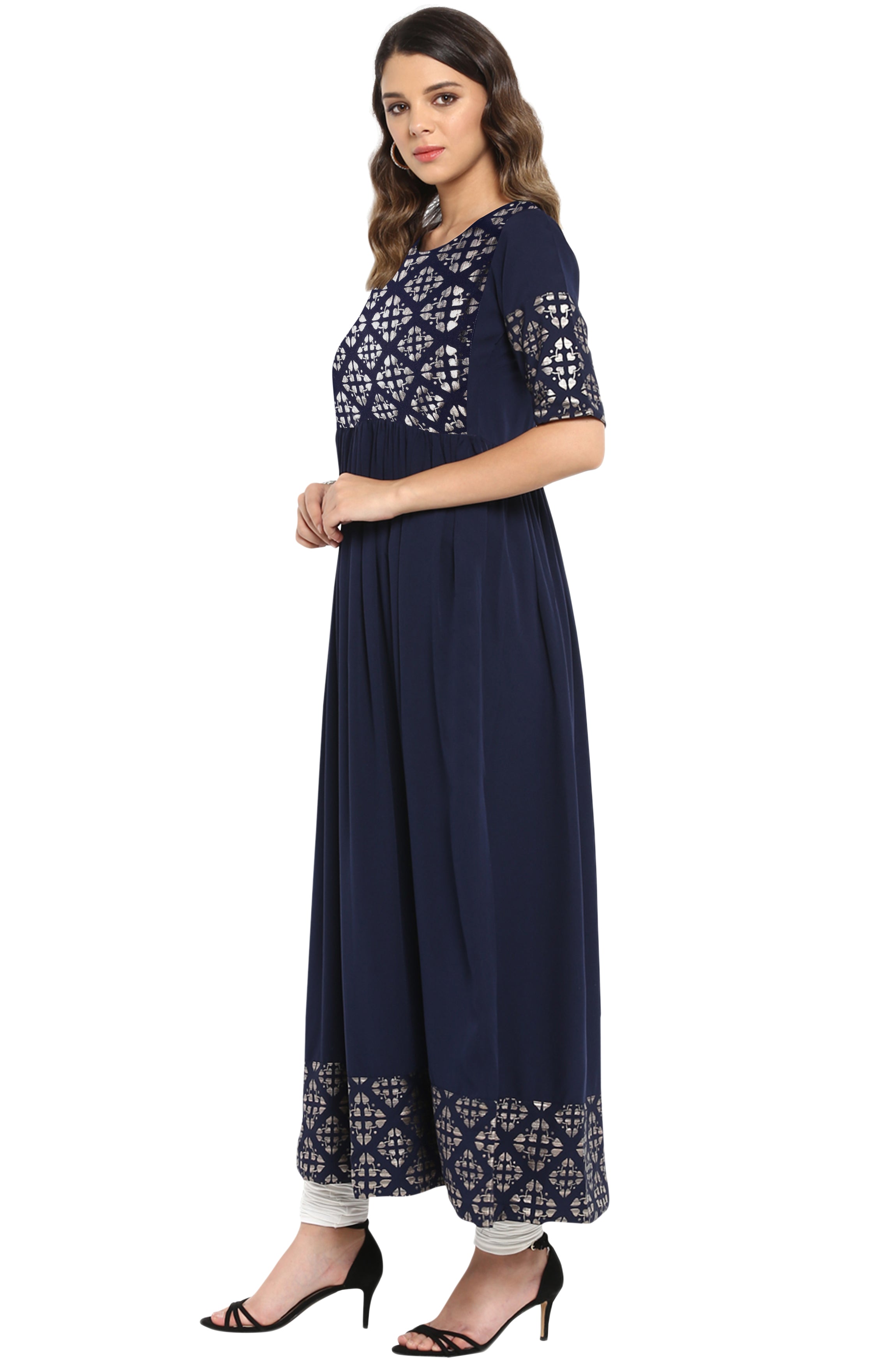 Janasya Dark Blue Poly Crepe Foil Print Flared kurta - Distacart