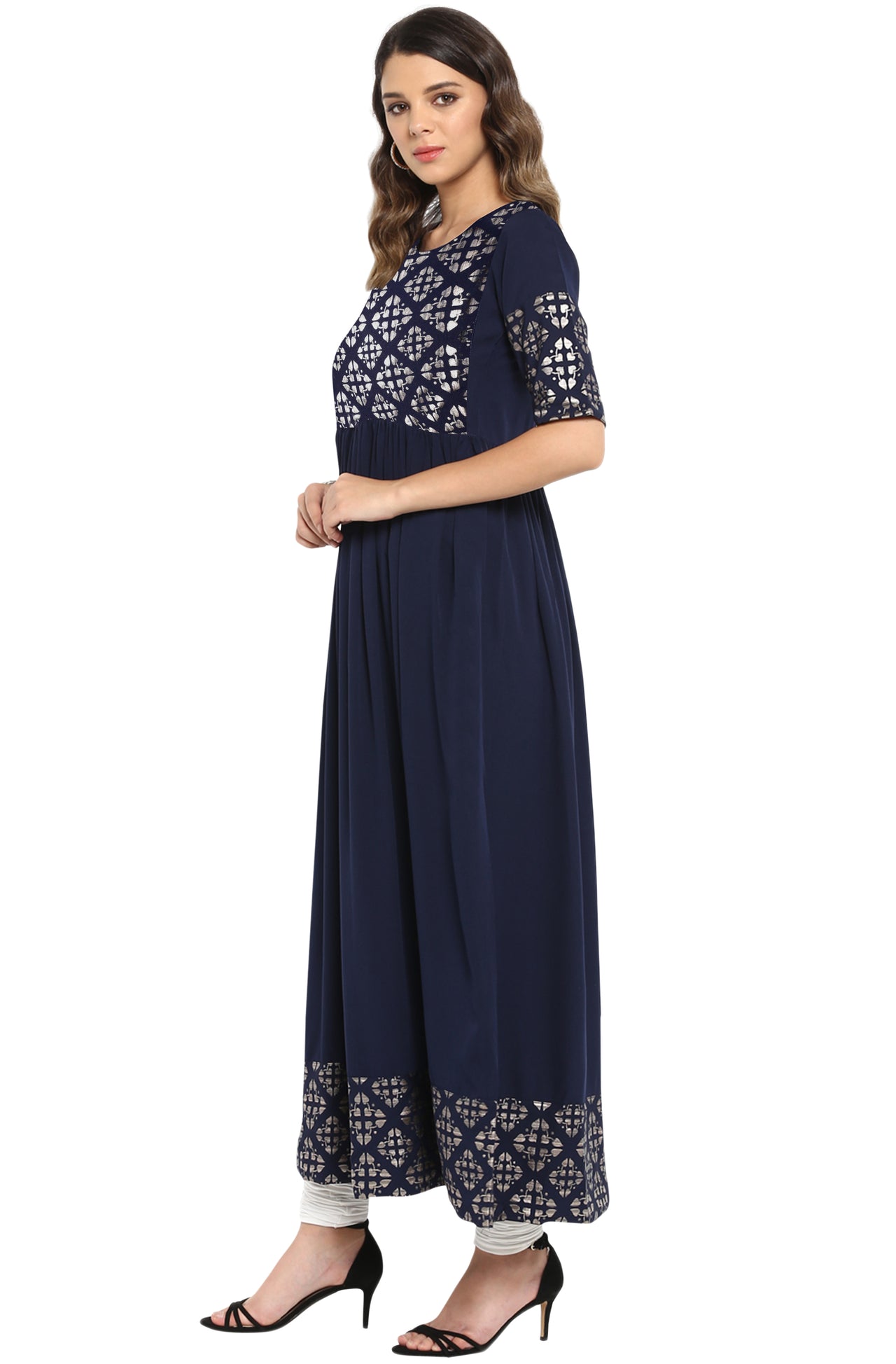 Janasya Dark Blue Poly Crepe Foil Print Flared kurta