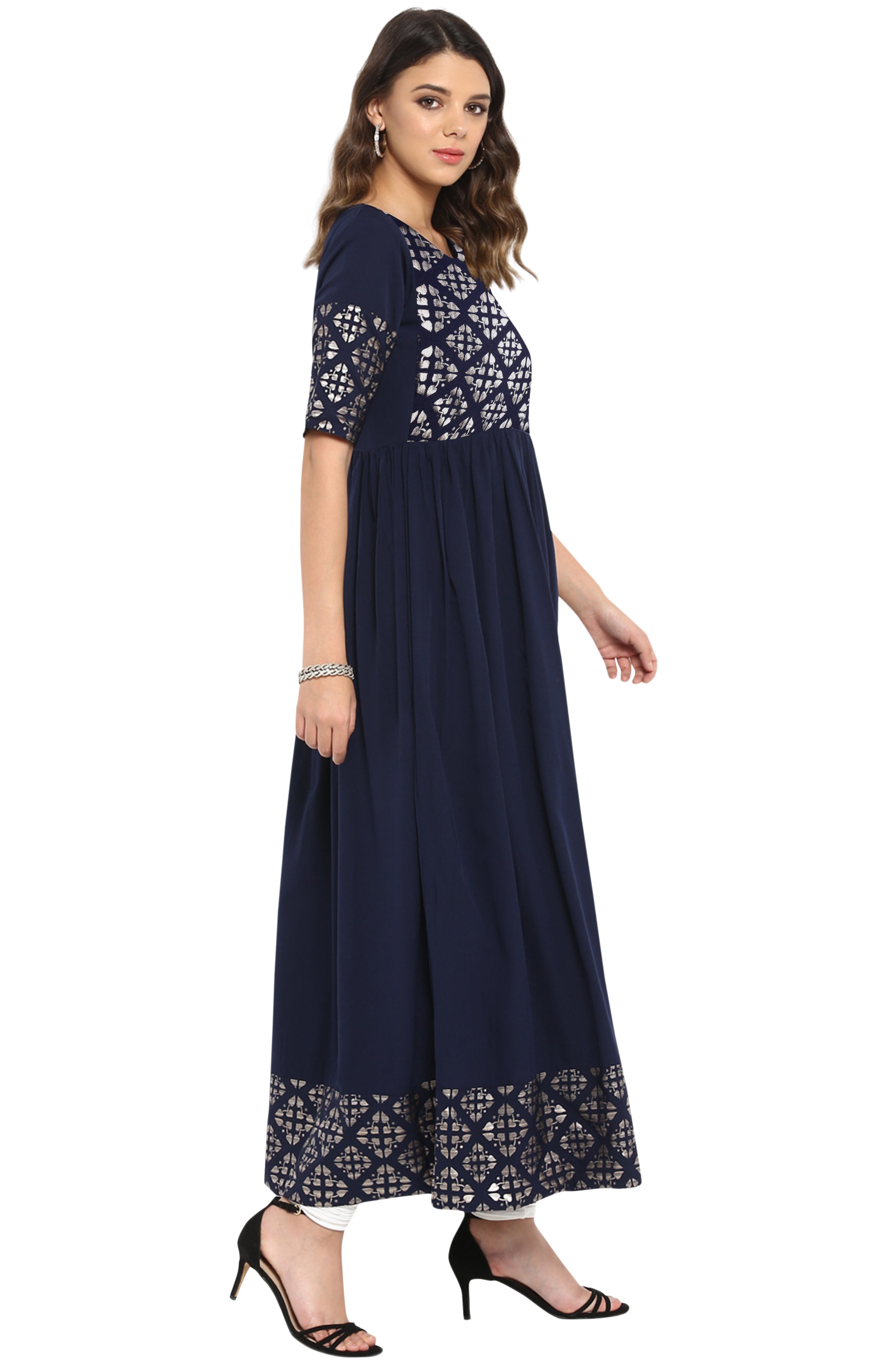 Janasya Dark Blue Poly Crepe Foil Print Flared kurta - Distacart
