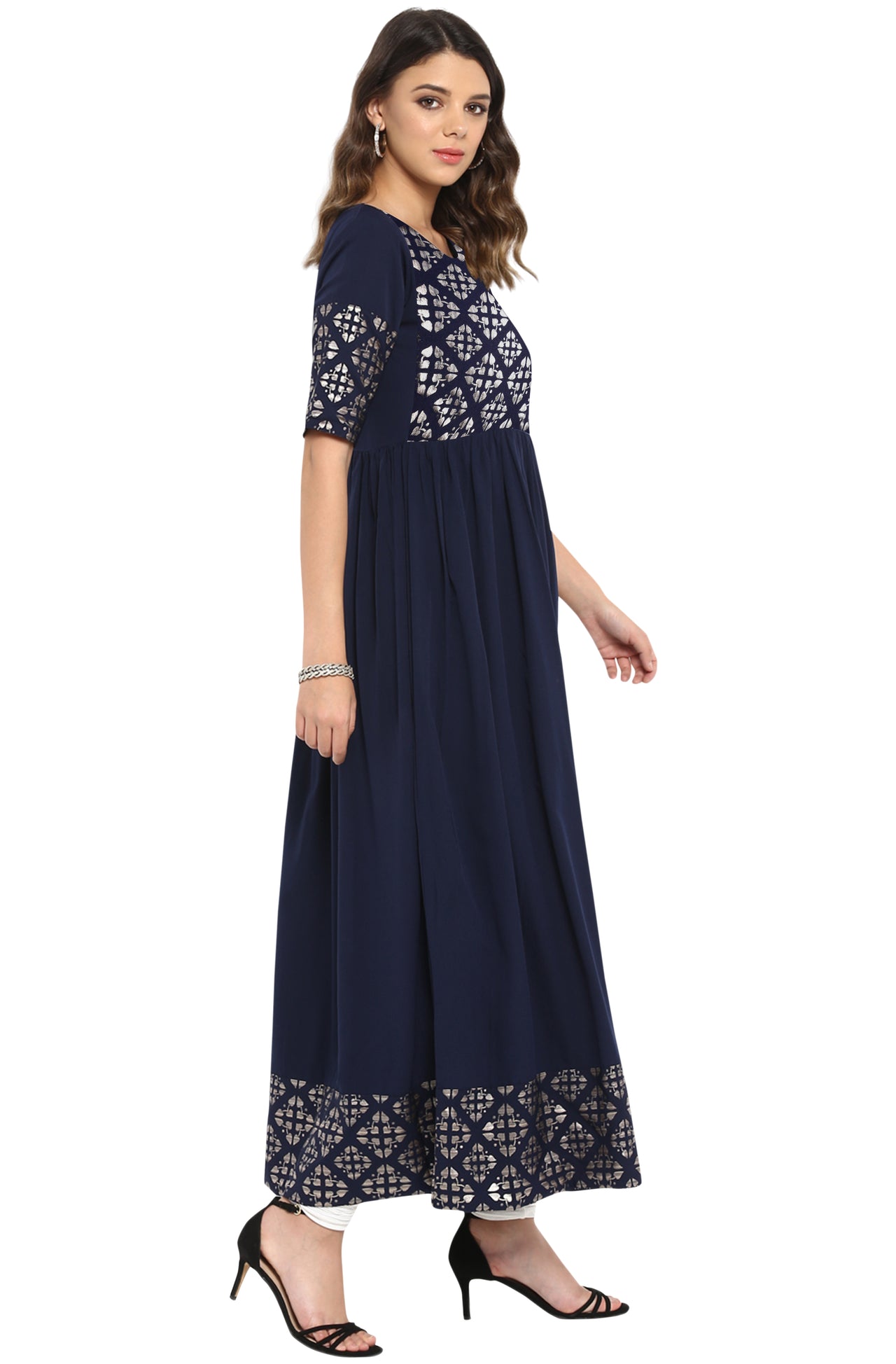 Janasya Dark Blue Poly Crepe Foil Print Flared kurta